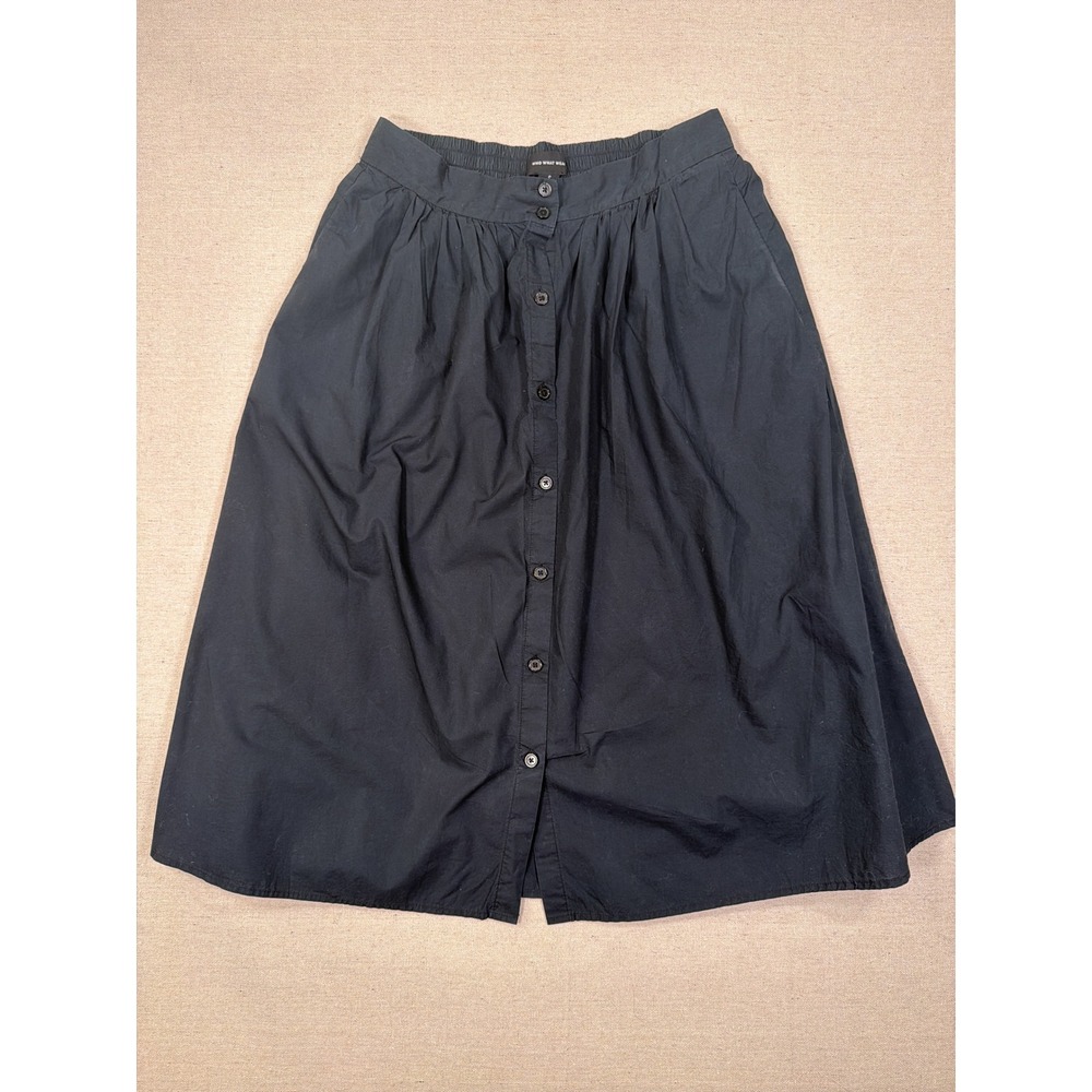 Who What Wear Black Cotton Button Front Midi Skirt Small Pockets Elastic Waist